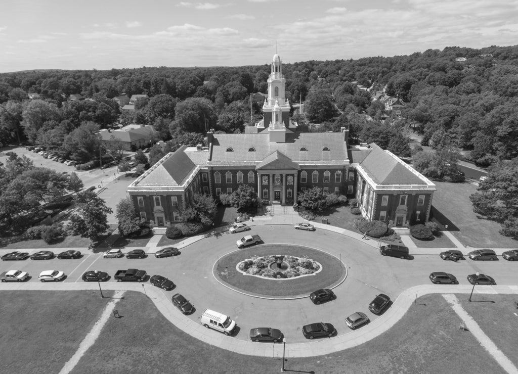 Newton City Hall aerial view in downtown Newton, Massachusetts, USA in black white