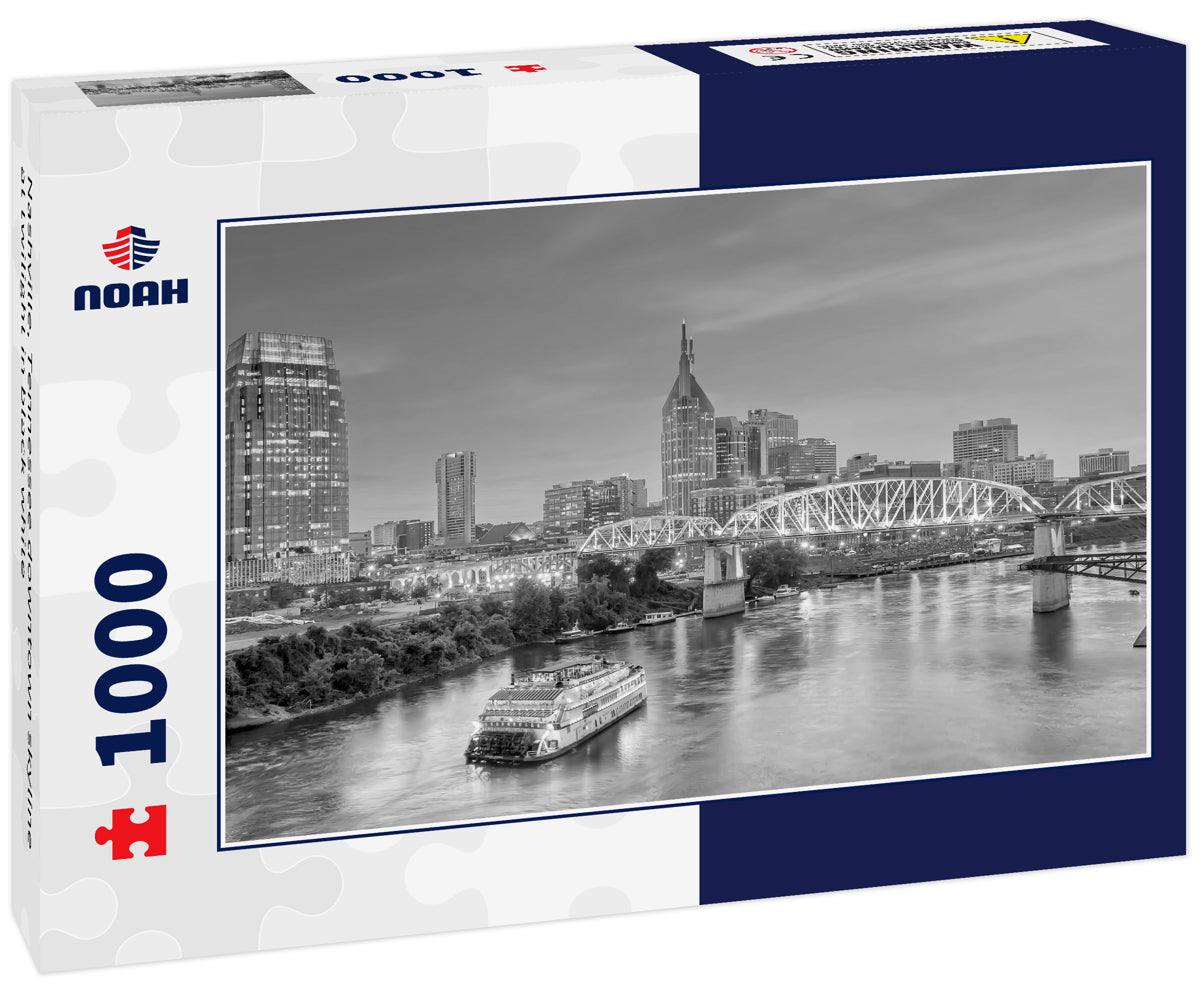 Nashville, Tennessee downtown skyline at twilight in black white