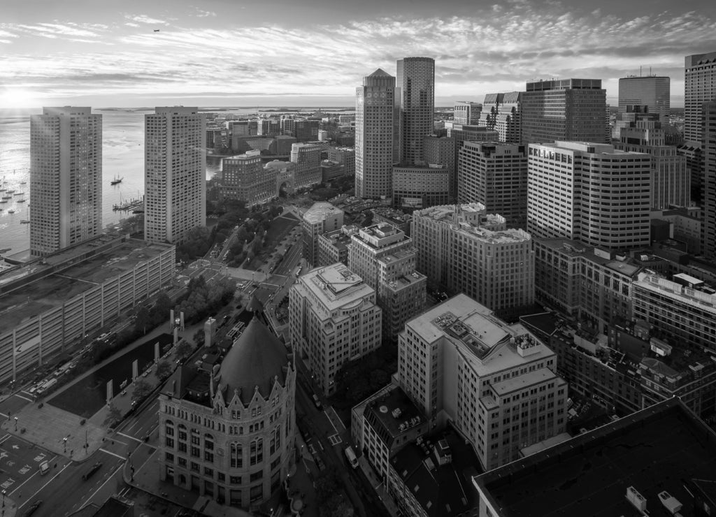 Boston city view from the roof top of Hotel in black white