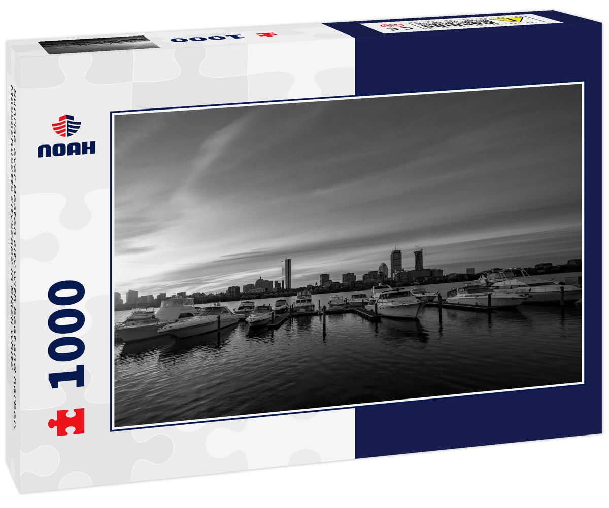 Sunrise over Boston city with boat and harbor, Massachusetts cityscape in black white