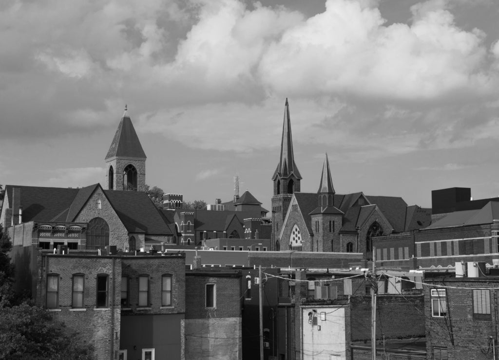 View of downtown on a Summer afternoon. Burlington, Iowa, USA in black white