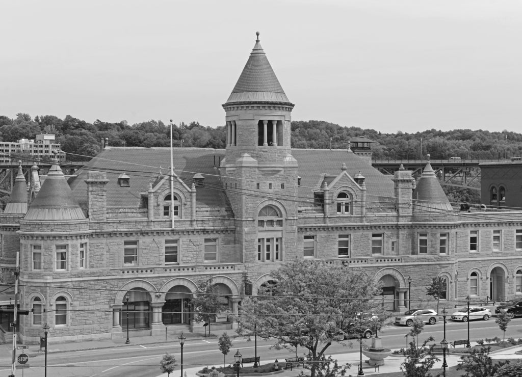 Old Post Office and Court House is a historic former federal government building with Romanesque Revival style on Water Street in downtown Augusta, Maine, USA in black white
