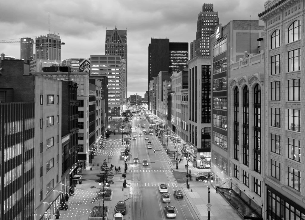 Woodward Ave, Detroit, Michigan in black white