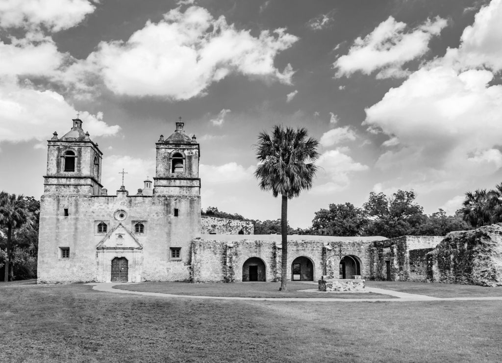 Mission Concepcion in San Antonio Texas in black white