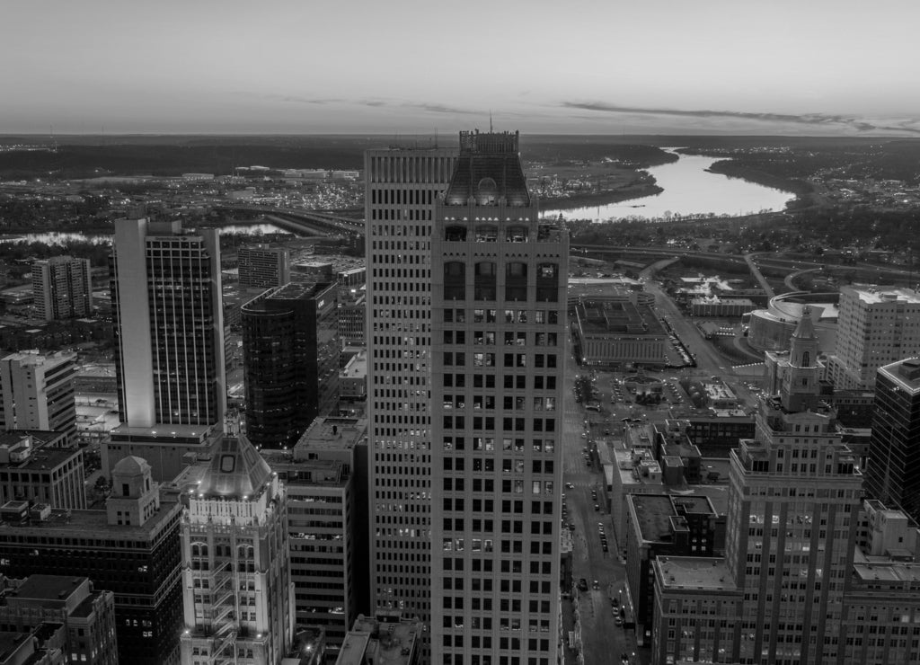 Oklahoma, Tulsa Sunset aerial view in black white