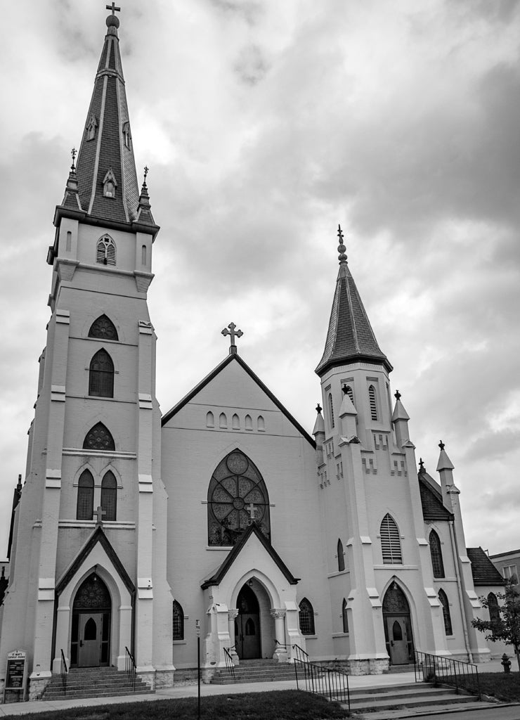 St Mary’s Catholic and First Baptist Churches, K Street at 14th, Lincoln, Nebraska, Viewed from Nebraska Capitol dome in black white