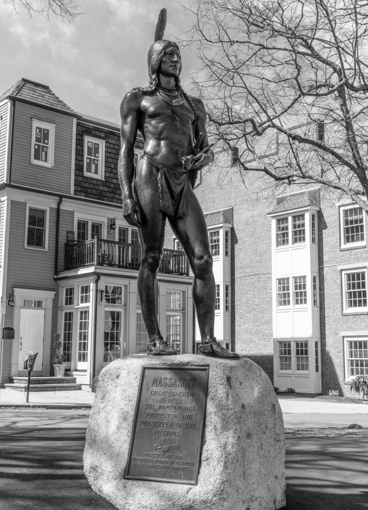 Statue of Massasoit Plymouth Massachusetts in black white