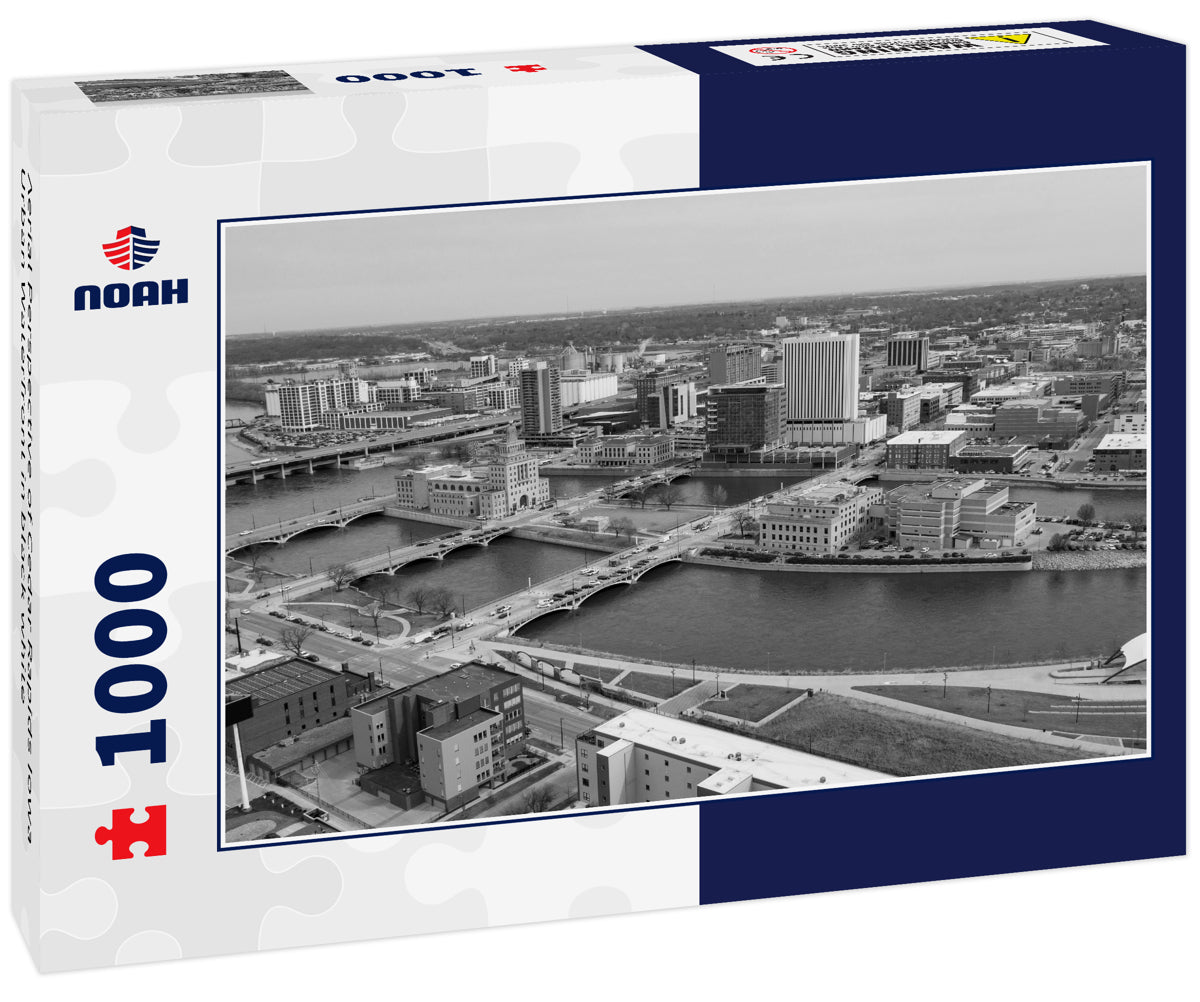 Aerial Perspective of Cedar Rapids Iowa Urban Waterfront in black white