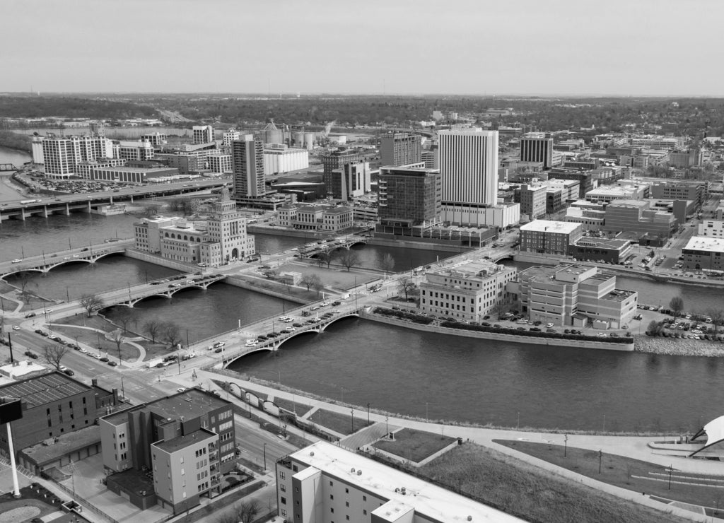 Aerial Perspective of Cedar Rapids Iowa Urban Waterfront in black white
