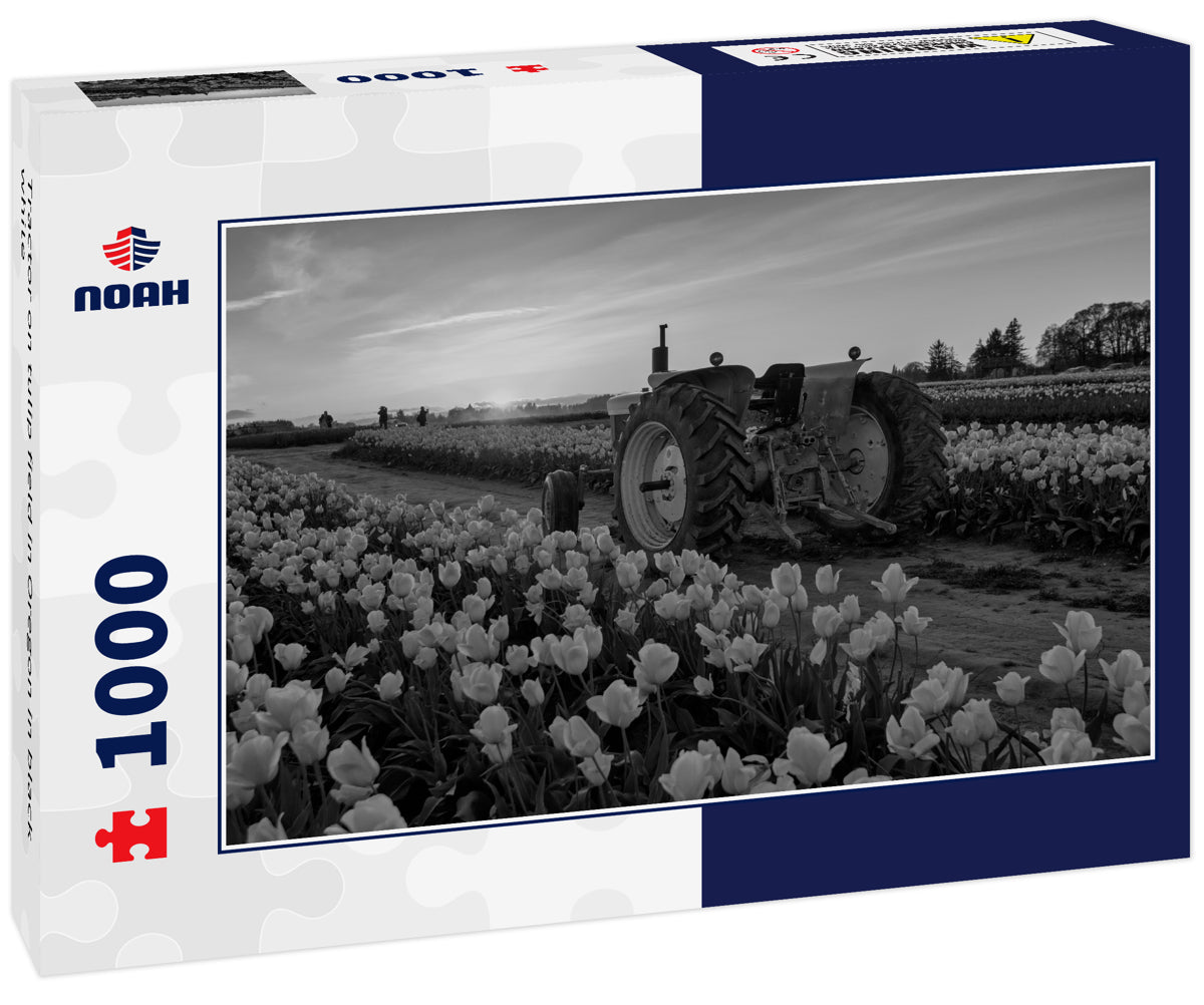Tractor on tulip field in Oregon in black white