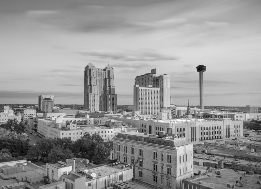 Top view of downtown San Antonio in Texas USA in black white