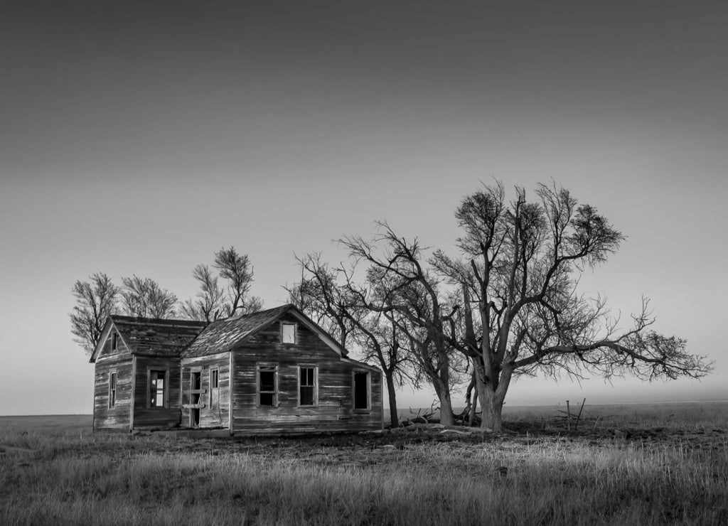 Ellis County, Kansas USA - Abandoned Wooden House in the Midwest Prairie in black white
