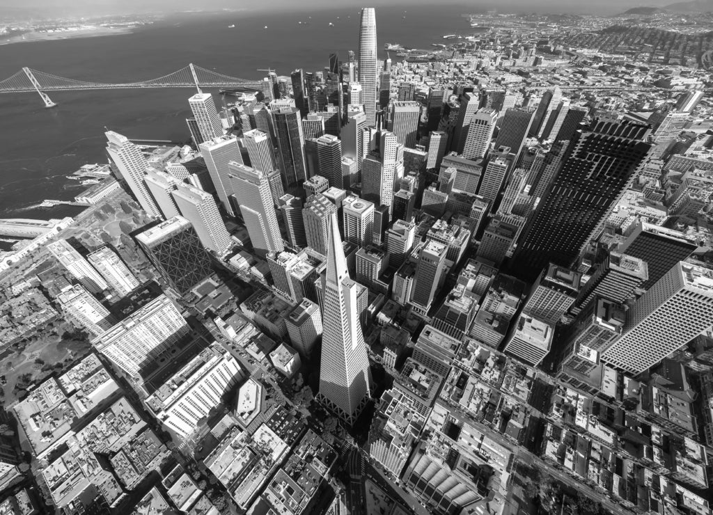 Aerial view of skyscrapers, San Francisco downtown, California USA in black white
