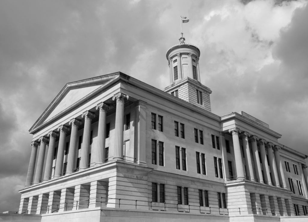 State Capitol in Nashville, capital of Tennessee state, USA in black white