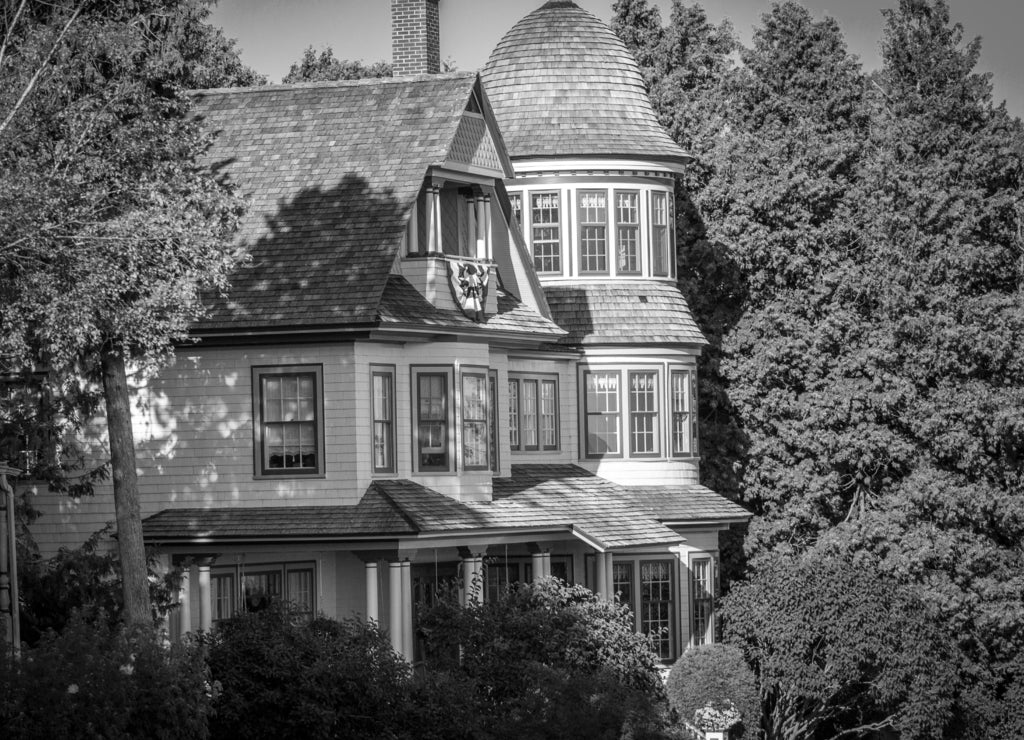 Old Victorian house on Mackinace Island, Michigan in black white