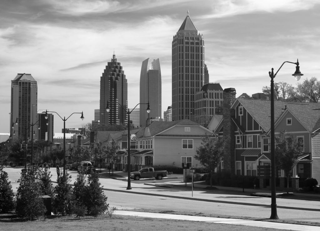 Houses against the midtown, Atlanta, Georgia USA in black white