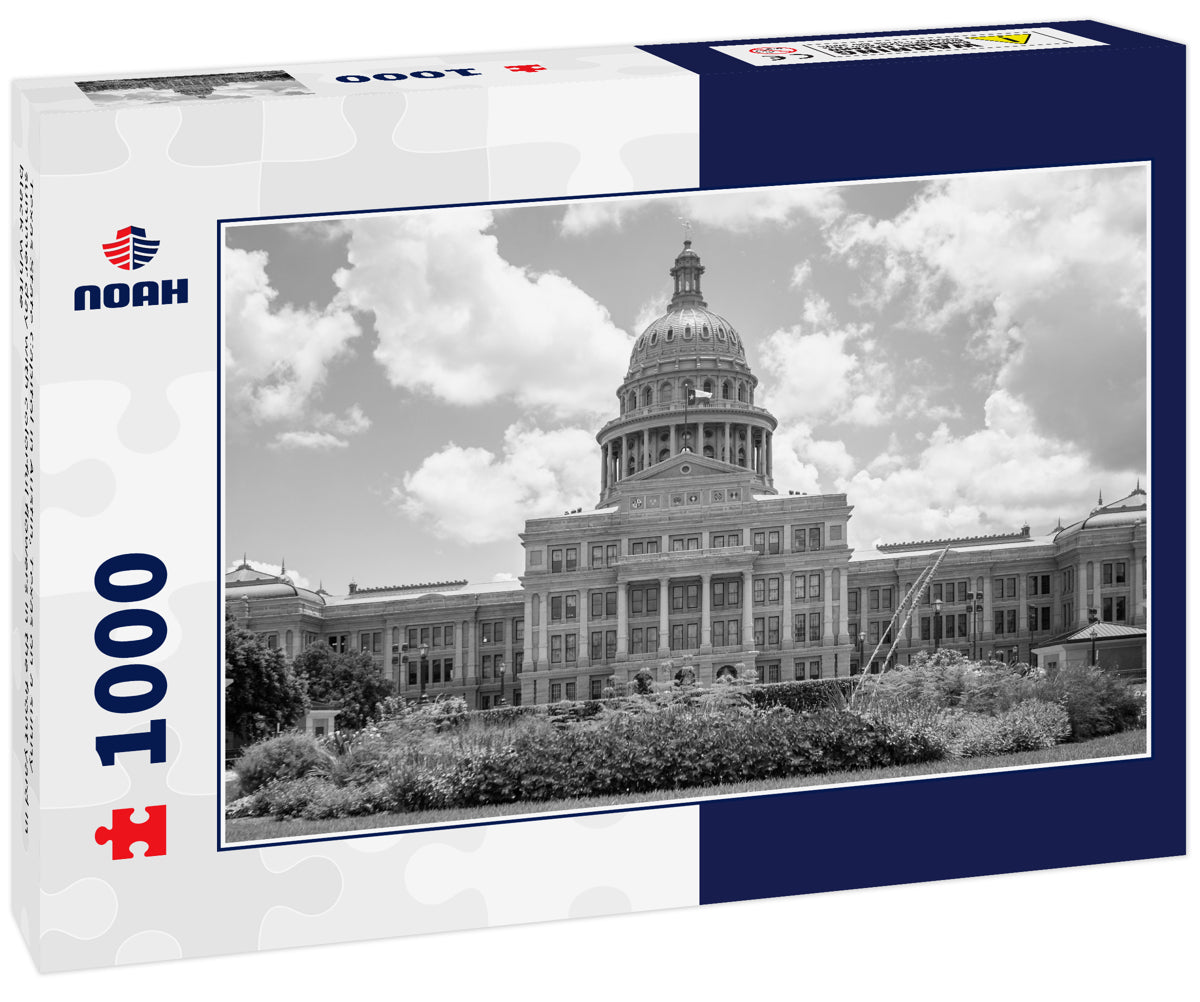 Texas State Capitol in Austin, Texas on a sunny summer day with colorful flowers in the front yard in black white