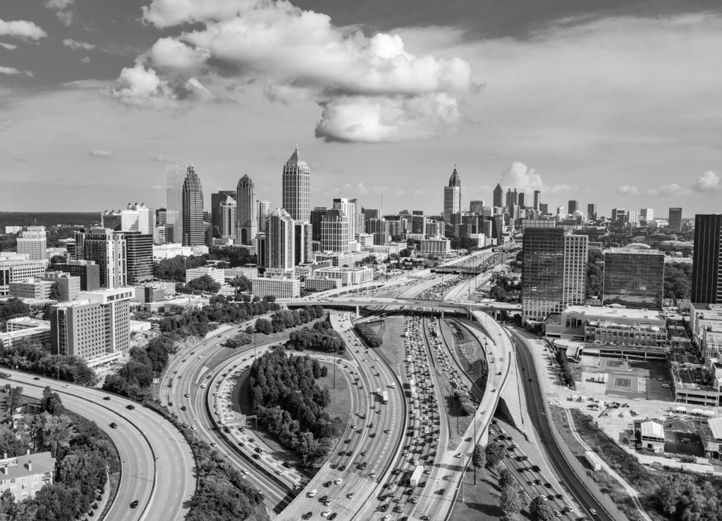 Atlanta, Georgia, USA Downtown Skyline Aerial in black white