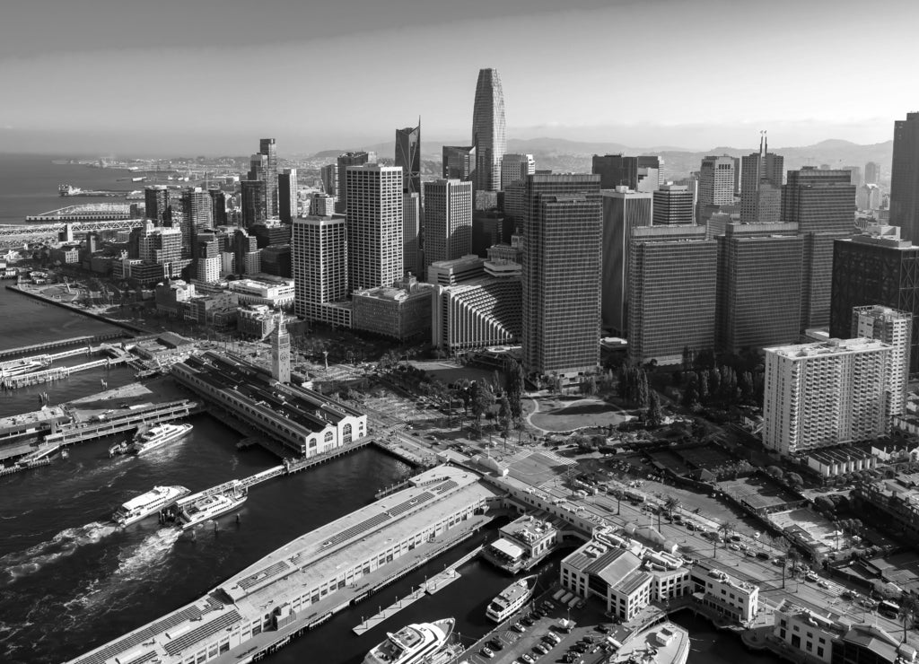 Aerial view of skyscrapers, San Francisco downtown, California USA in black white