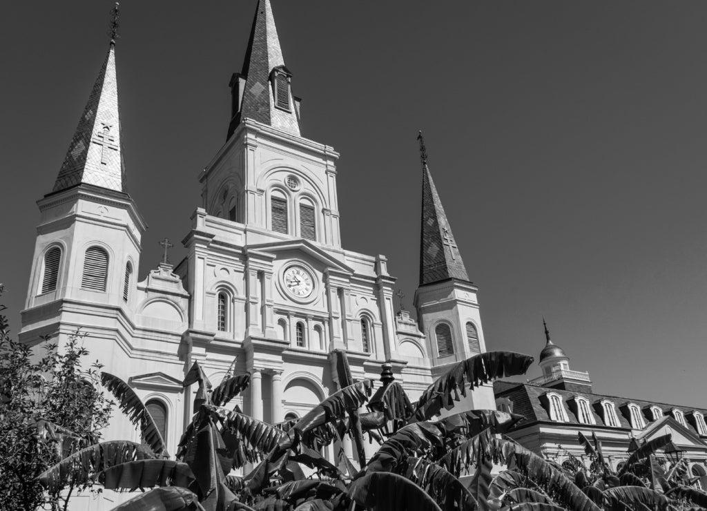 St Louis Cathedral in Jackson Square New Orleans, Louisiana in black white