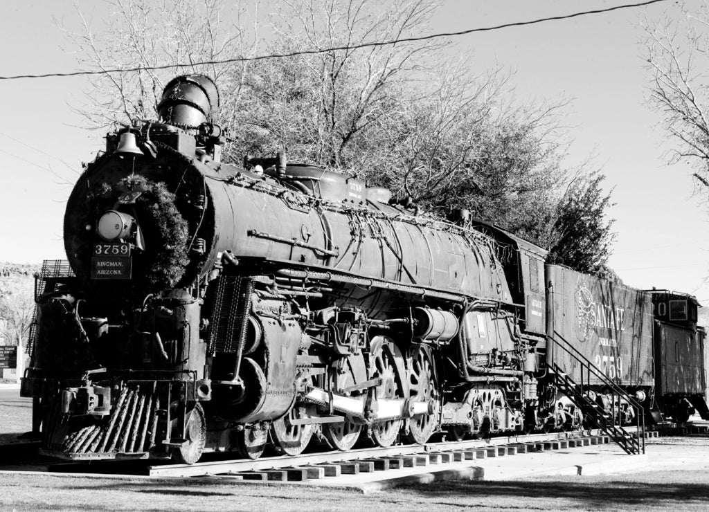 steam locomotive, Kingman, Arizona, USA in black white