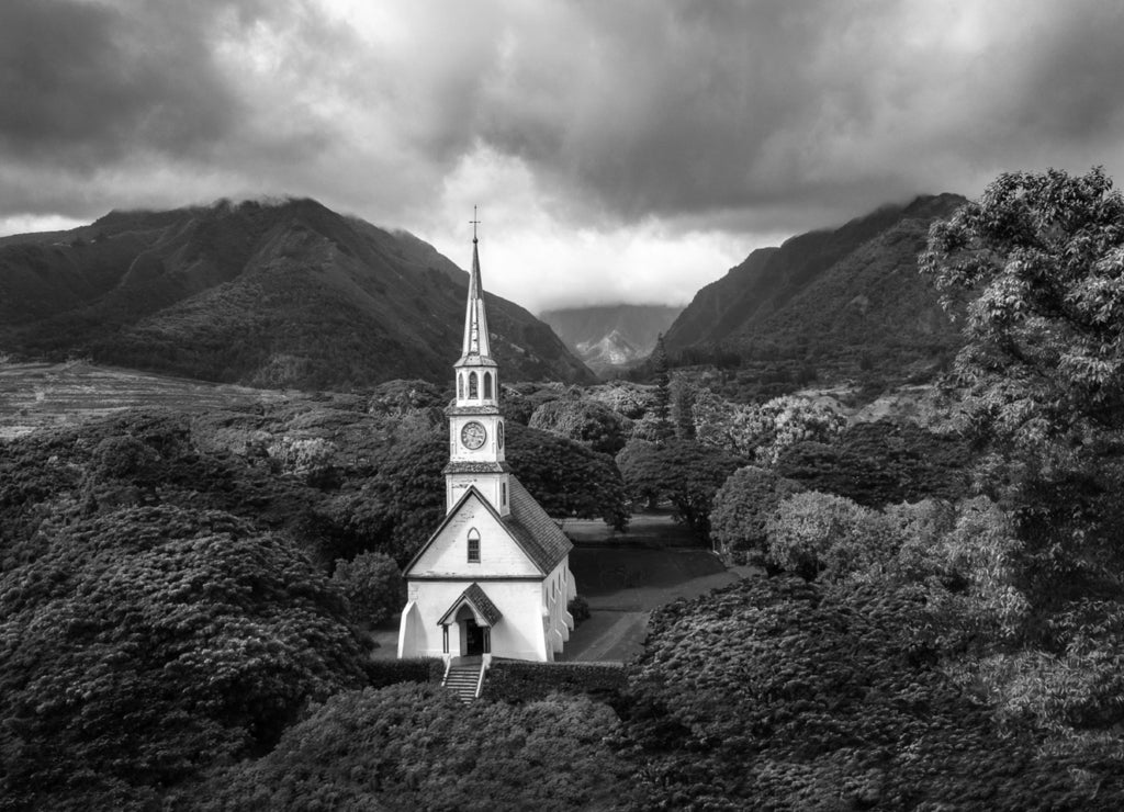 Old church near Iao Valley on Maui, Hawaii in black white