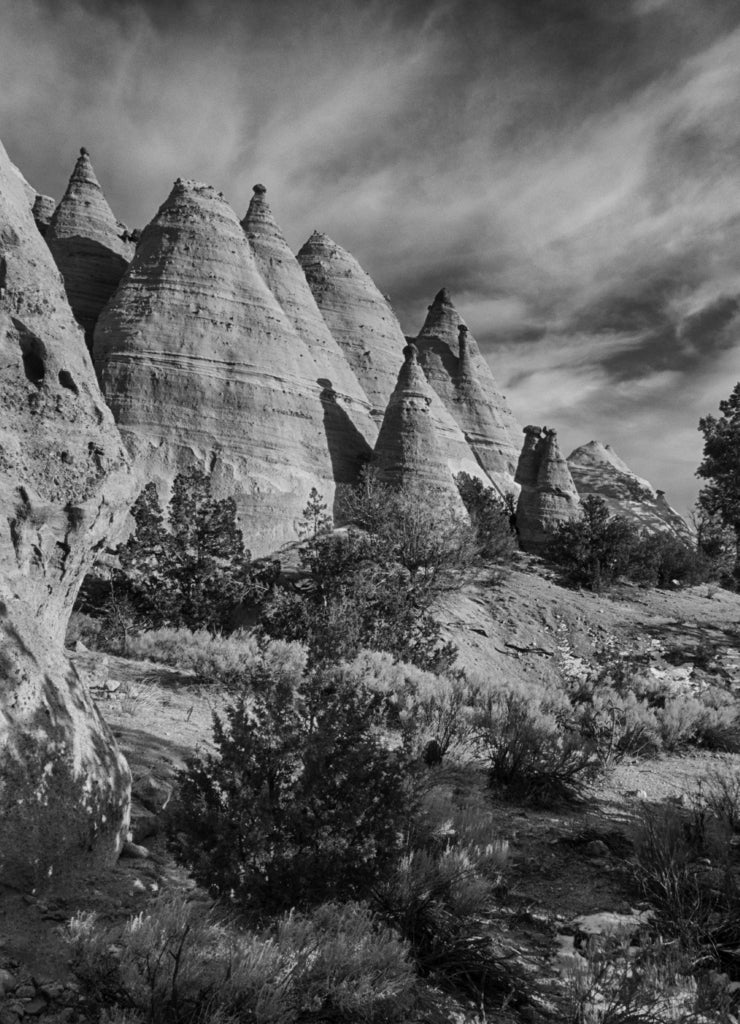 USA, New Mexico, Cochiti, Tent Rocks Monument in black white
