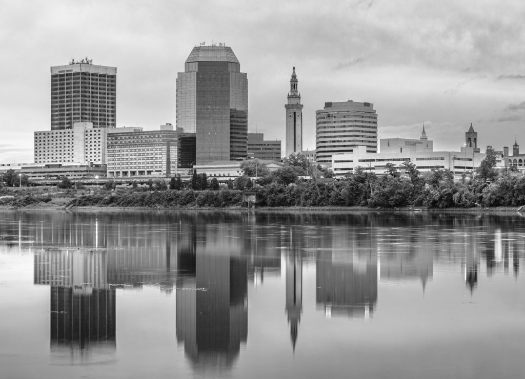 Springfield downtown skyline, Massachusetts in black white
