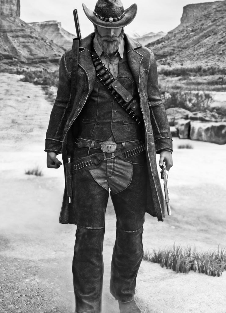 Portrait of a grizzled gun slinging cowboy walking toward the camera with weapon drawn, Texas in black white