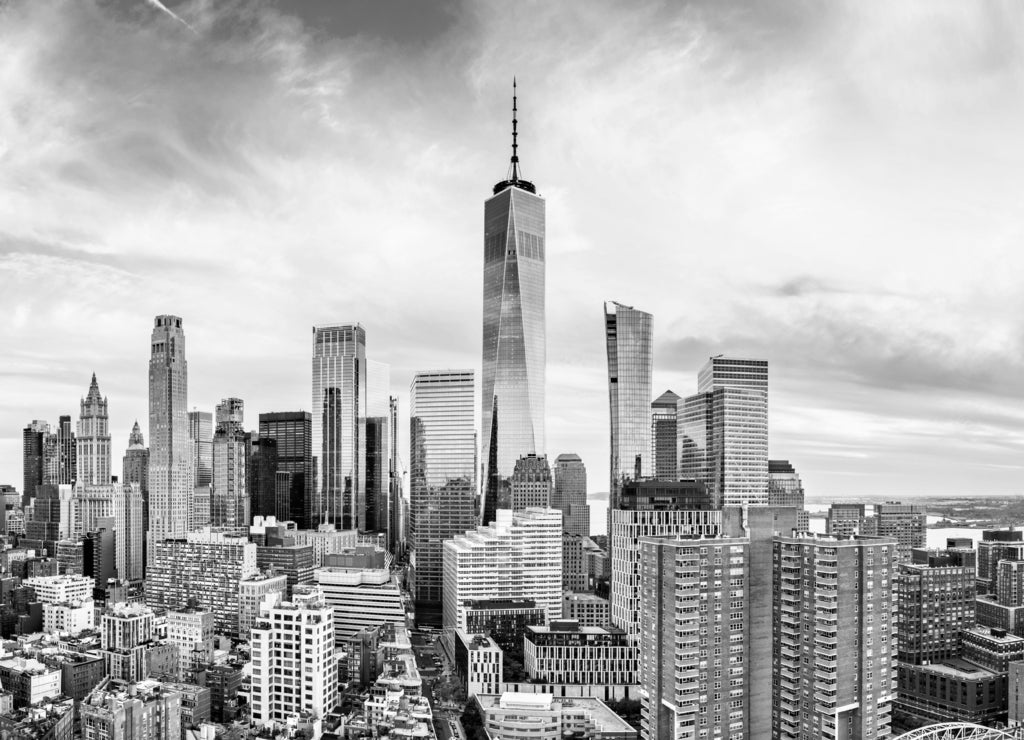 Aerial panorama of Lower Manhattan skyline, Greenwich street in Tribeca neighborhood in black white