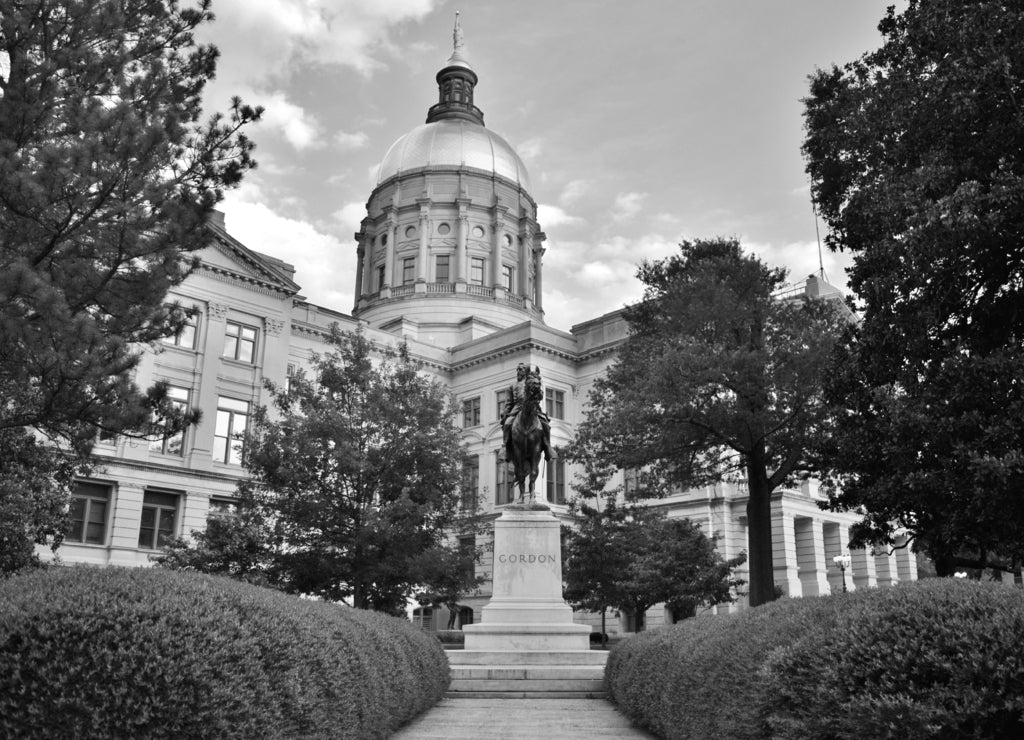 Georgia State Capitol Building and Historic John Brown Gordon Statue in Garden - Atlanta, Georgia, USA in black white
