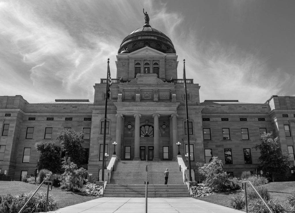 Steps to the Montana State Capitol building in Helena in black white