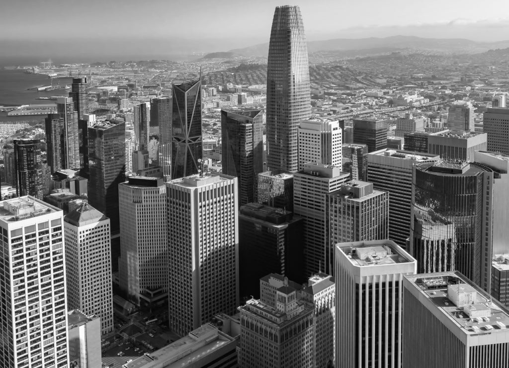 Aerial view of skyscrapers, San Francisco downtown, California USA in black white