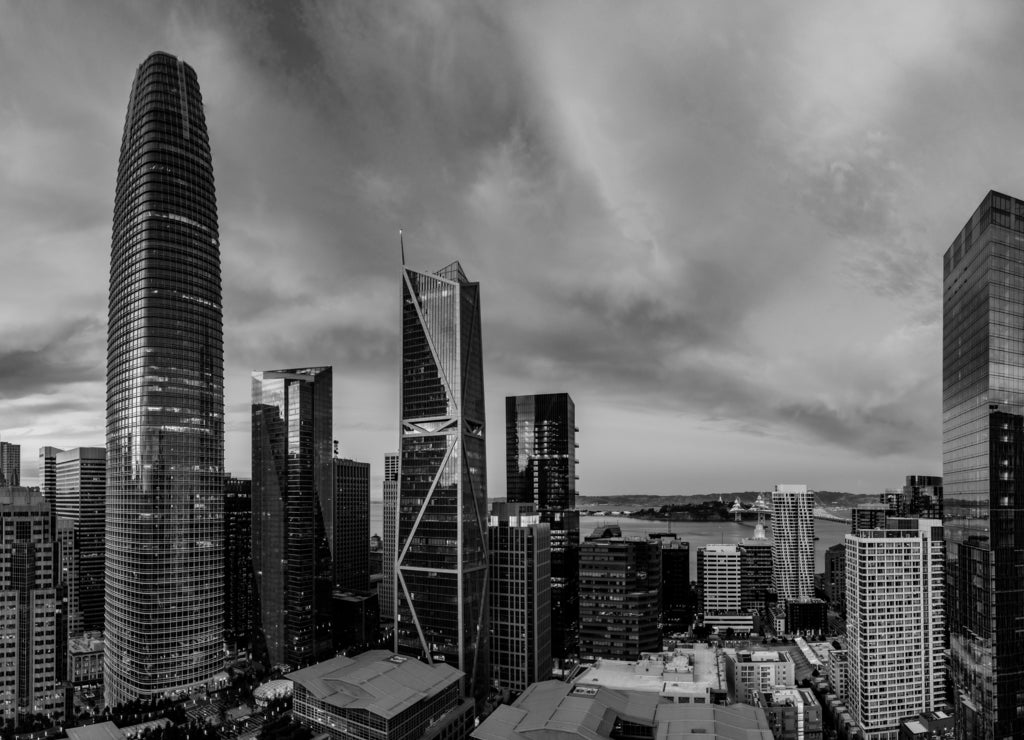 Pink and blue sunset over San Francisco skyline with Salesforce Tower, California USA in black white
