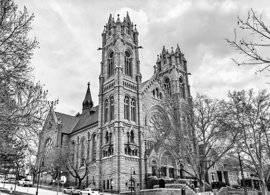 Cathedral of the Madeleine in Salt Lake City, Utah in black white