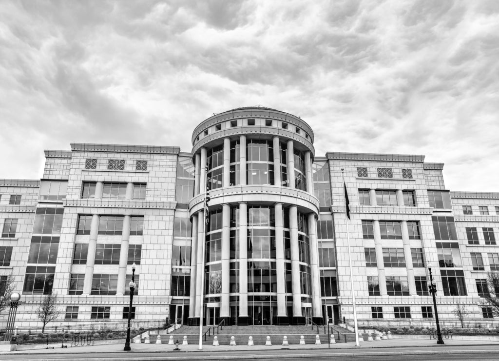 Scott Matheson Courthouse in Salt Lake City, Utah in black white