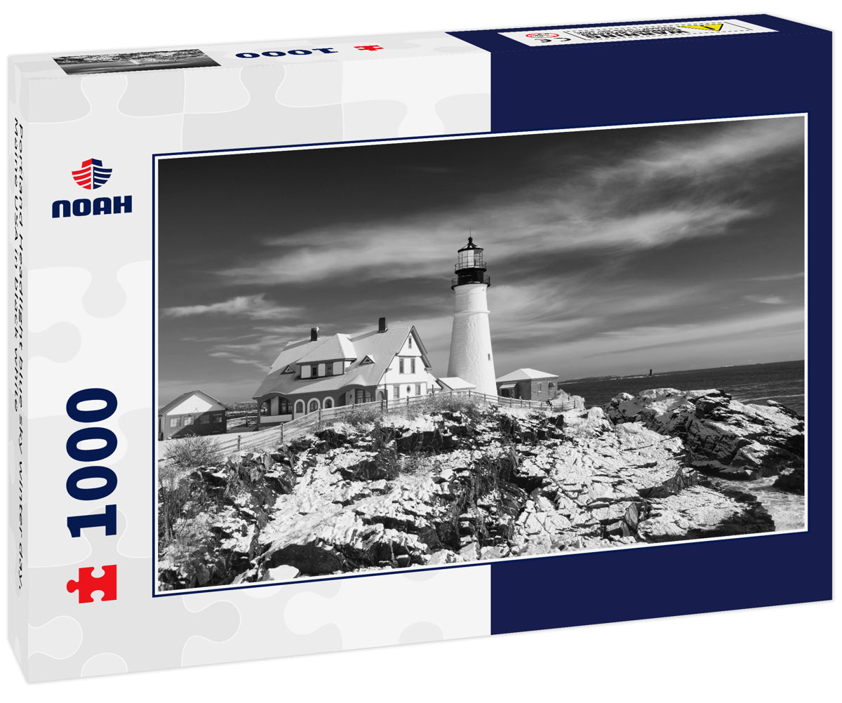 Portland Headlight blue sky winter day, Maine USA in black white