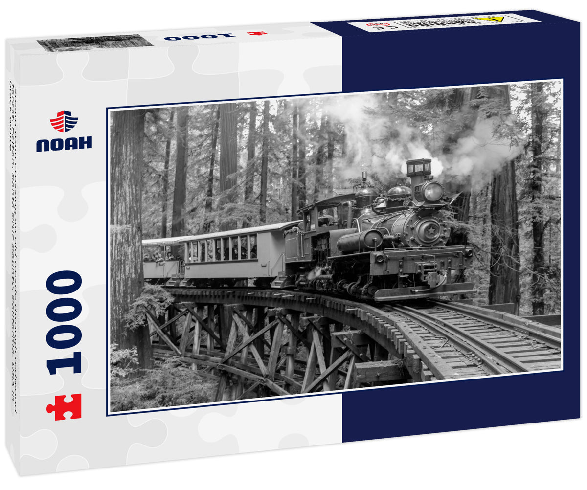 Steam train crossing an old trestle through redwood forest. Felton, Santa Cruz County, California, USA in black white