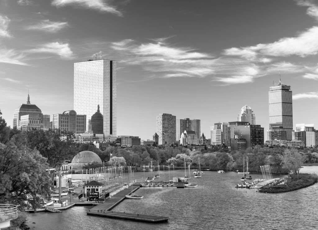 Charles River skyline, Boston Massachusetts in black white