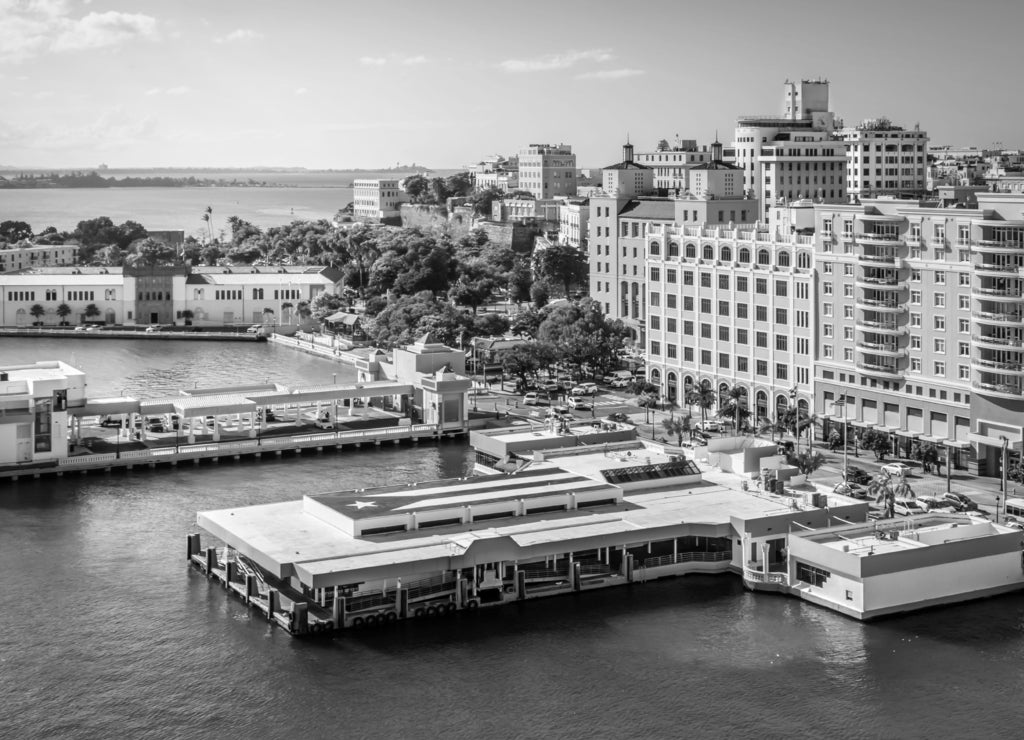 Port of San Juan, Puerto Rico in black white