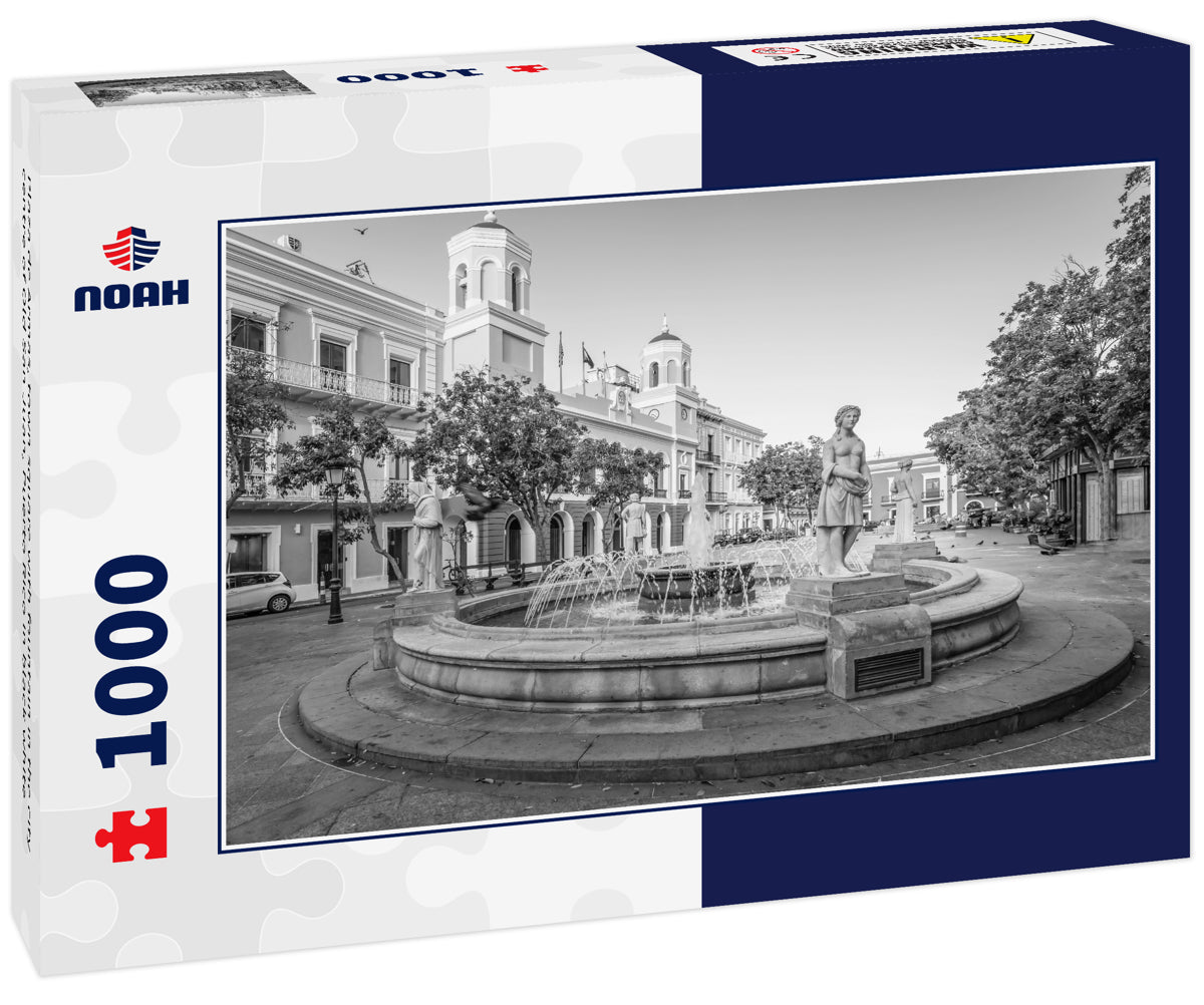 Plaza de Armas, town square with fountain in the city centre of Old San Juan, Puerto Rico in black white