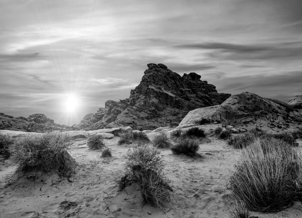 Sunset hiking on the trails in the Valley of Fire State Park near Las Vegas, Nevada, USA in black white