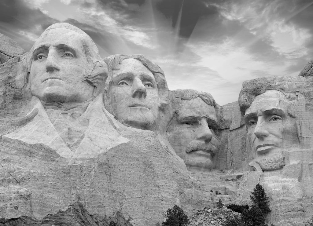 Sunset over Mount Rushmore, South Dakota, U.S.A. in black white