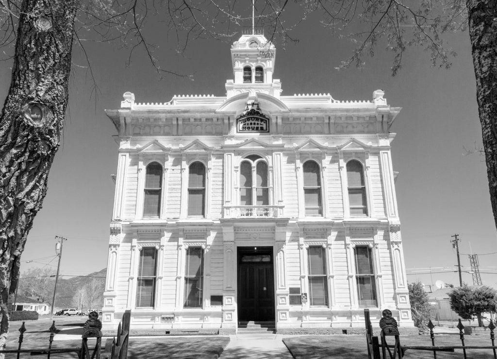 Italianate-style Mono county courthouse built in 1880 in Bridgeport, California, USA in black white