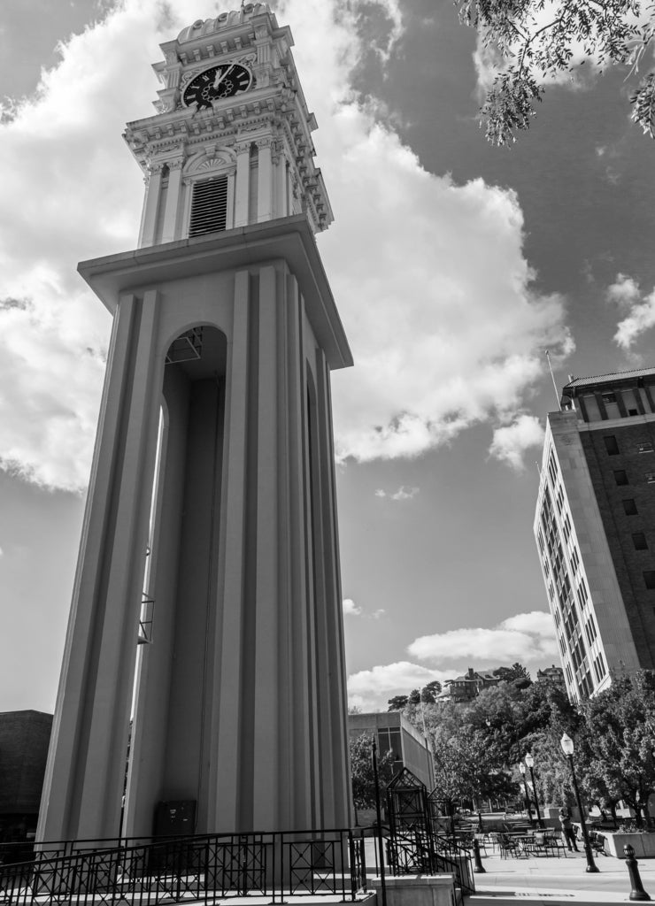 Town Clock Plaza heart of downtown Dubuque Iowa in black white