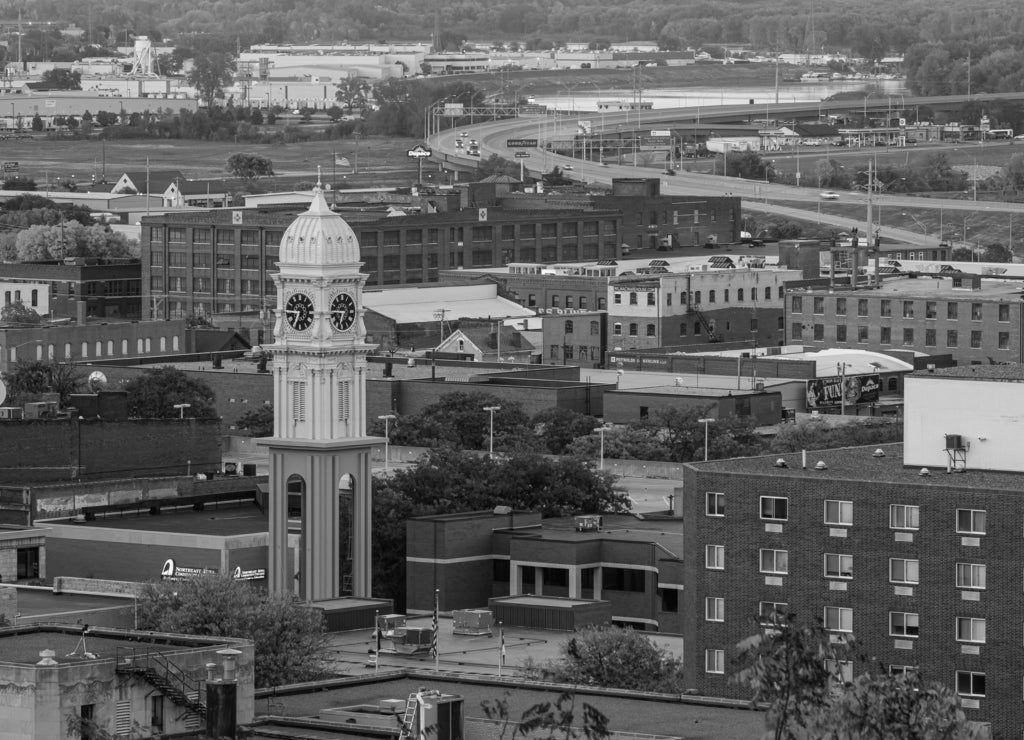 Town Clock Overlooks Mississippi Town Dubuque Iowa in black white