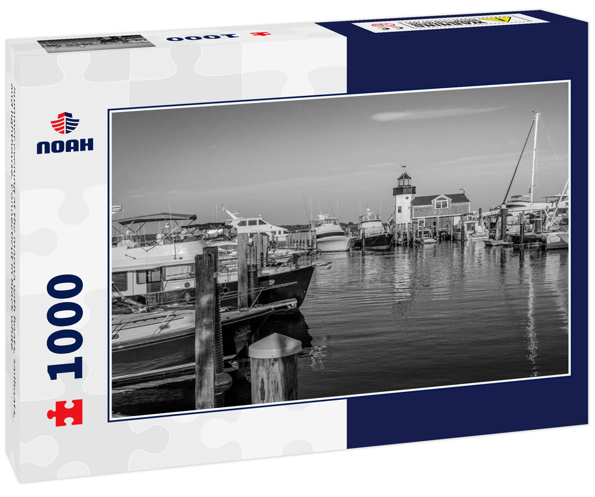 Summer evening at the marina with boats, sailboats, and lighthouse, Connecticut in black white