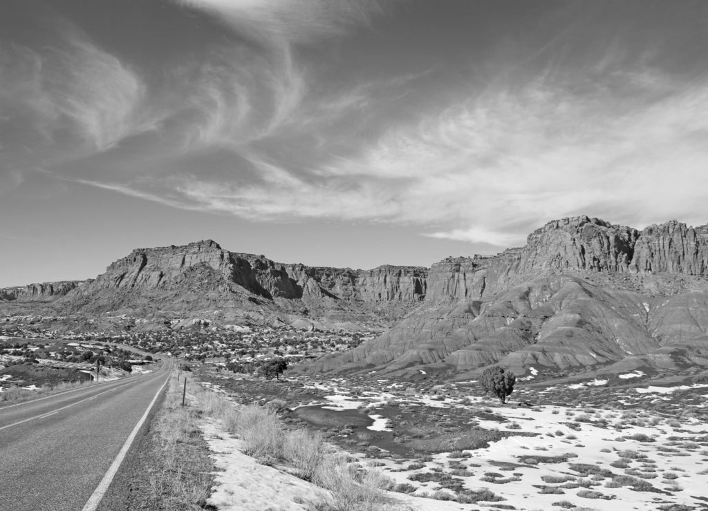 Capitol Reef National Park, Utah, in winter in black white