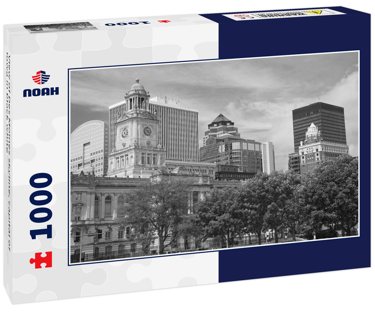 View of Des Moines skyline, capital of Iowa in black white