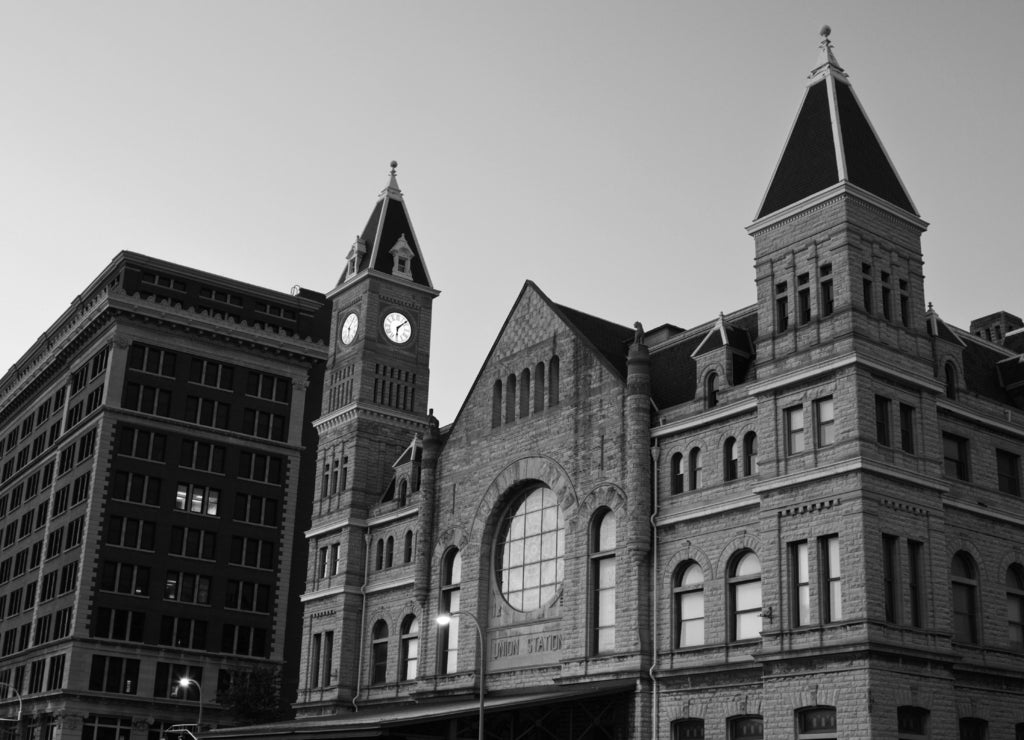 Union Station in downtown of Louisville, Kentucky in black white